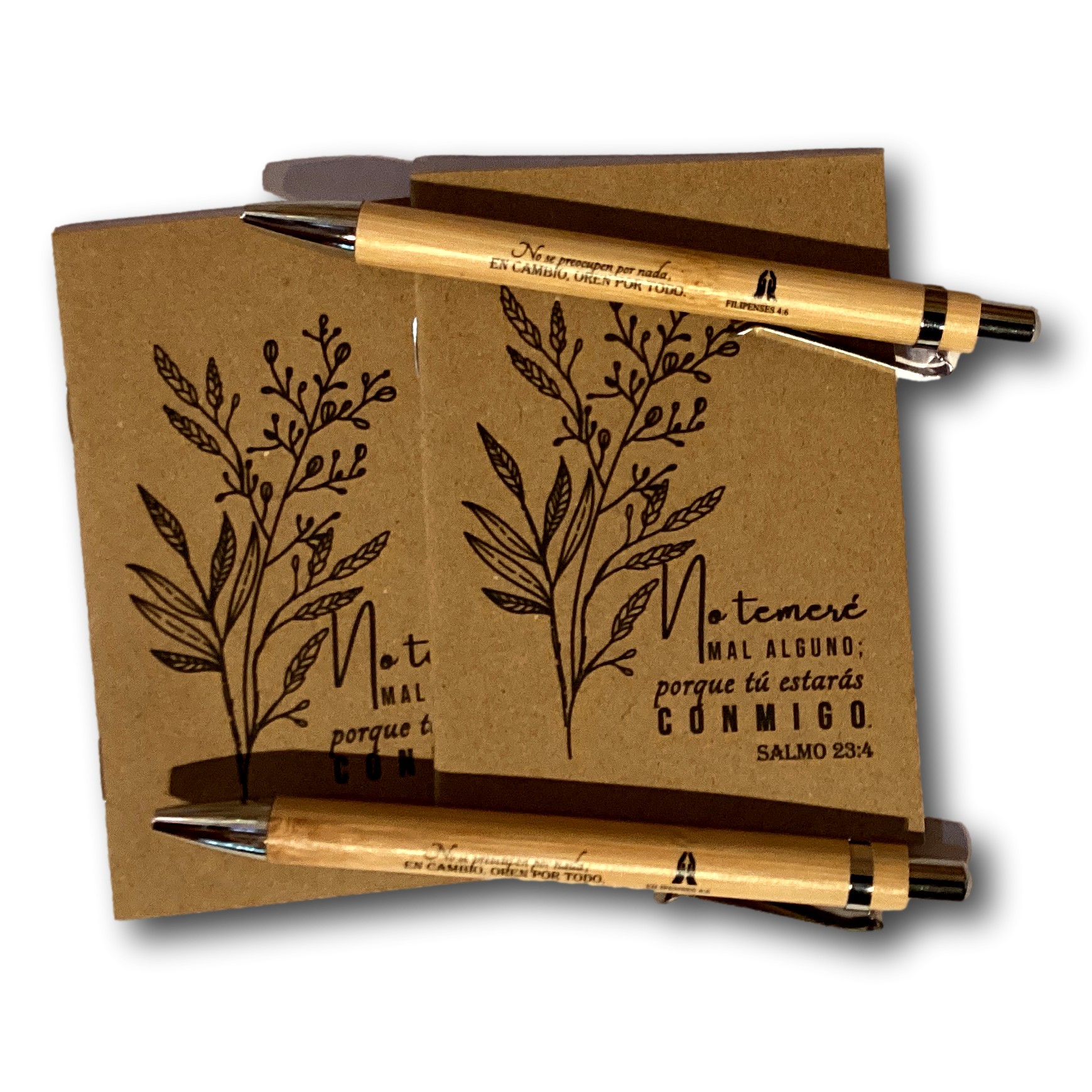 Spanish Bible verse pocket notebook with Catholic Christian theme and matching pen, perfect for spiritual reflections and gifts.
