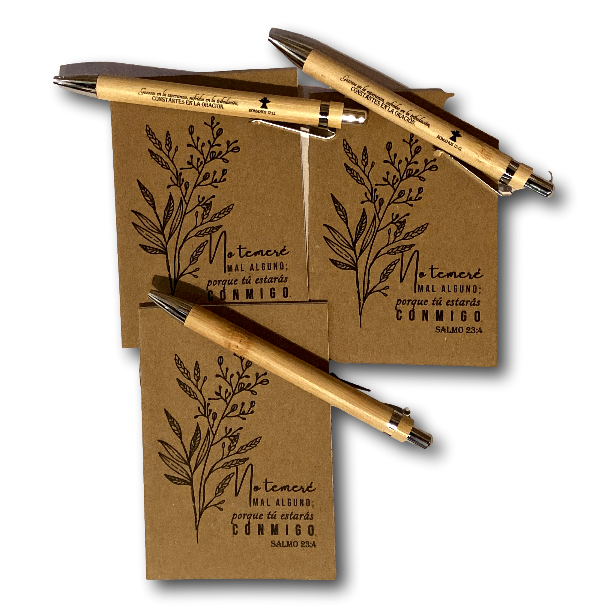 Spanish Bible verse pocket notebook with matching pen set, Catholic Christian gift, compact and ideal for prayer and note-taking.