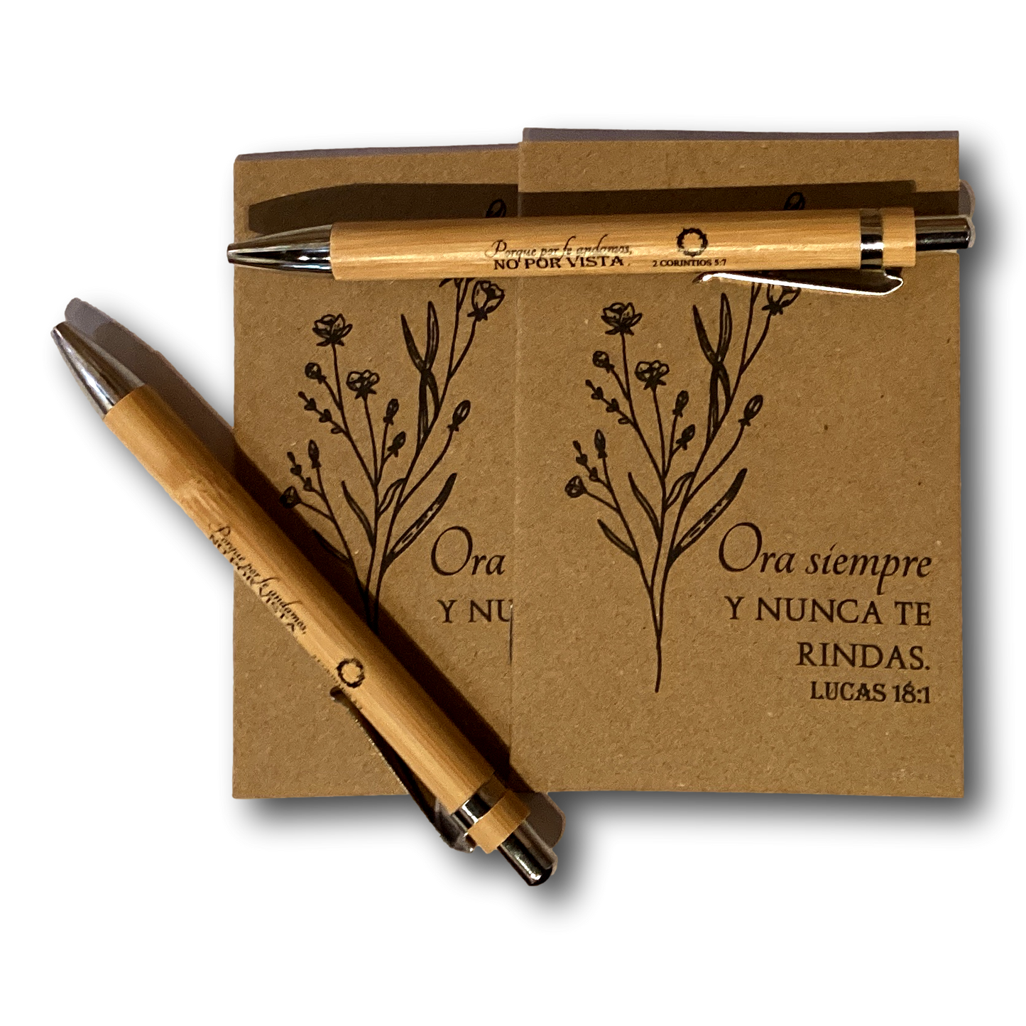 Spanish Bible verse pocket notebook with matching pen, ideal for Catholic and Christian gift sets, featuring religious designs and compact size.