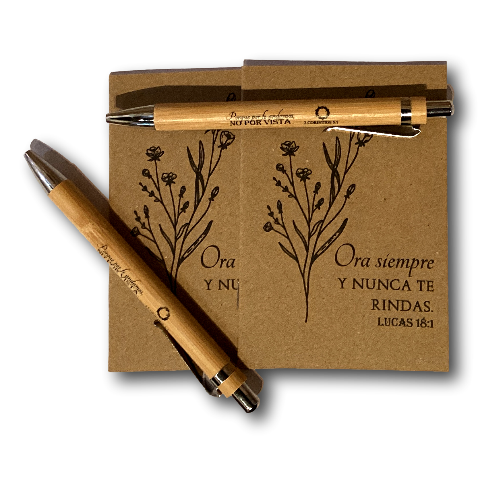 Spanish Bible verse pocket notebook with matching pen, ideal for Catholic and Christian gift sets, featuring religious designs and compact size.