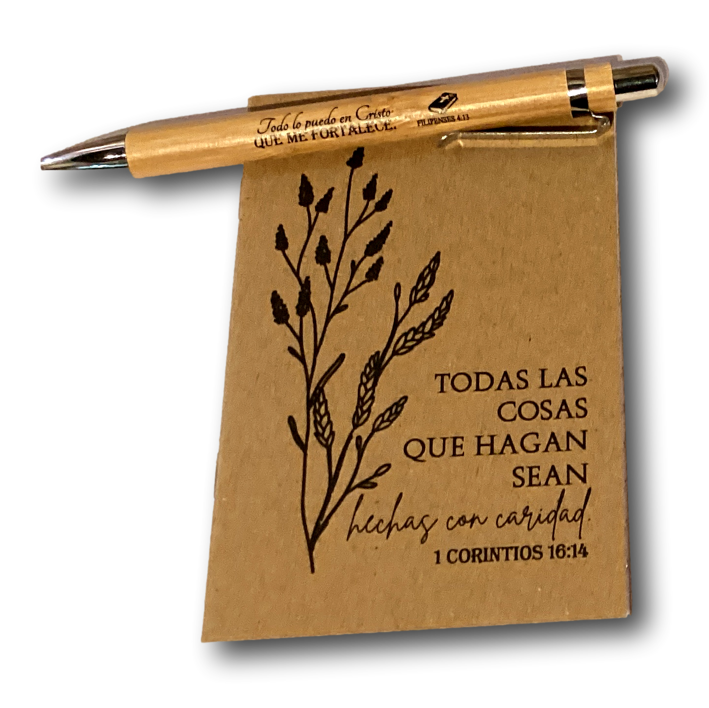 Spanish Bible verse pocket notebook with Catholic Christian gift pen set, featuring religious design on the cover.