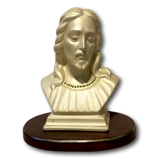 7-inch Catholic Jesus bust with wood stand, religious statuary representing Christian devotion, from Ysleta Mission Gift Shop.