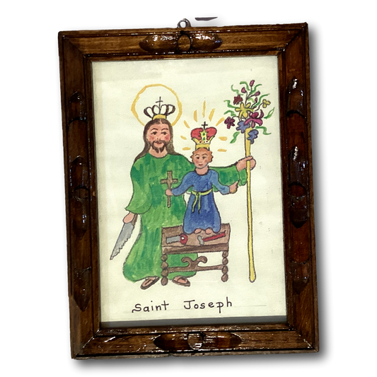 Handcrafted 6x8 framed Catholic art of Saint Joseph and Jesus, featuring detailed religious imagery and a classic devotional style.