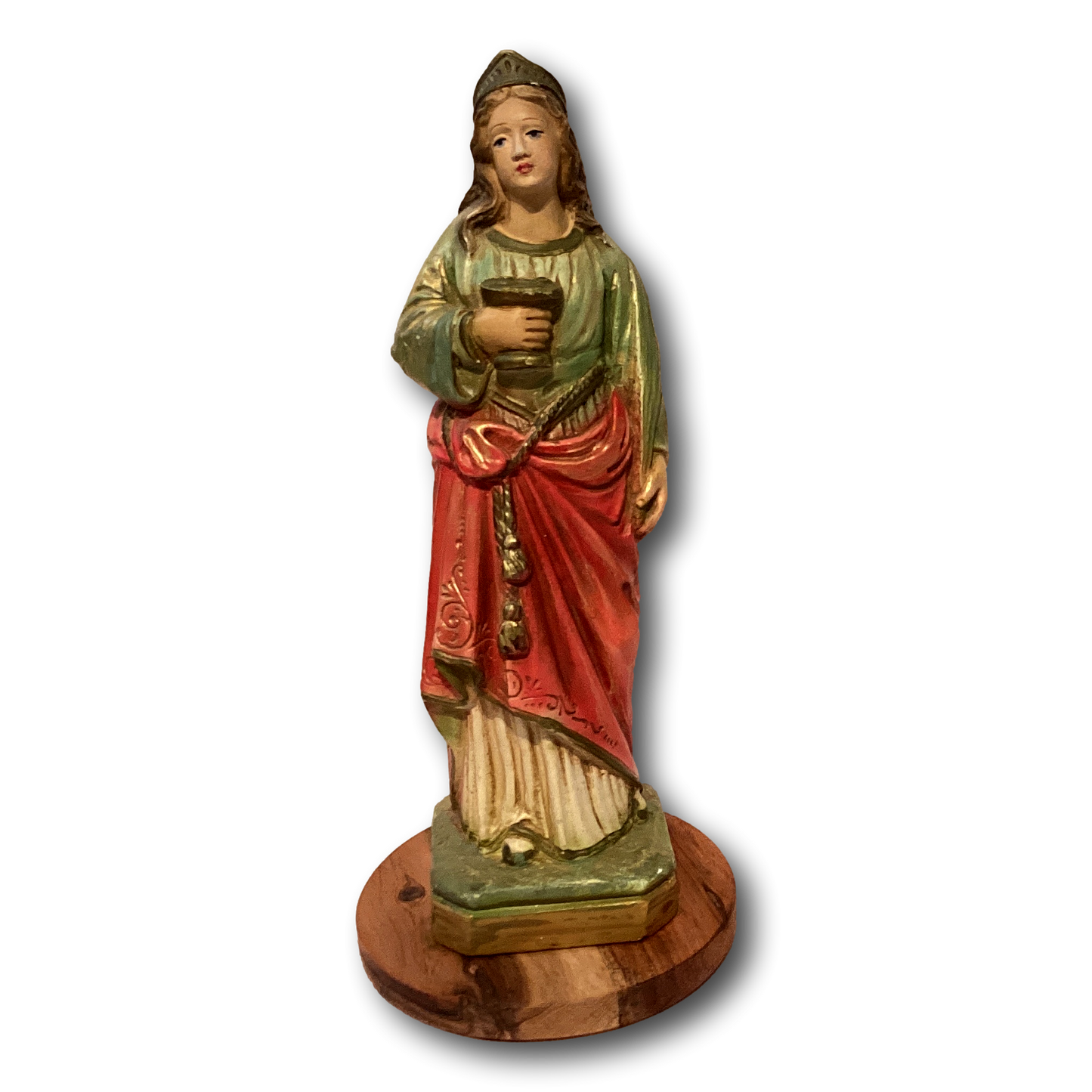 9-inch Saint Lucy statue from Ysleta Mission Gift Shop, Catholic Christian gift depicting Saint Lucy with traditional attire.