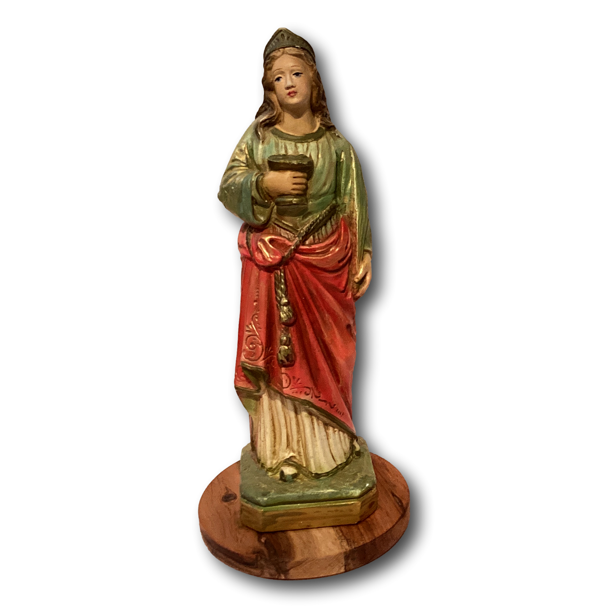 9-inch Saint Lucy statue from Ysleta Mission Gift Shop, Catholic Christian gift depicting Saint Lucy with traditional attire.