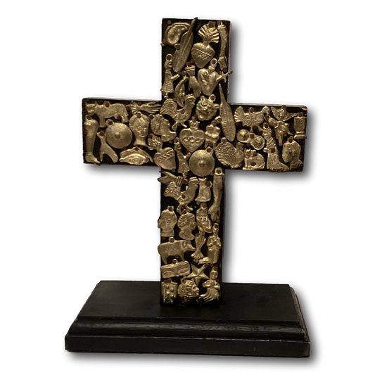 Black 9-inch Milagros cross statue, Catholic religious gift, depicting a Christian cross with detailed craftsmanship.
