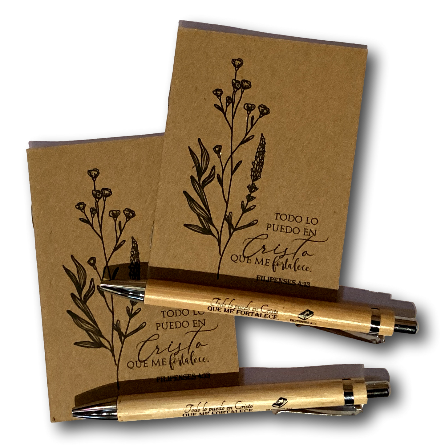 Spanish Bible verse pocket notebook with Catholic-themed cover and matching pen, ideal for Christian gifts and personal devotion.