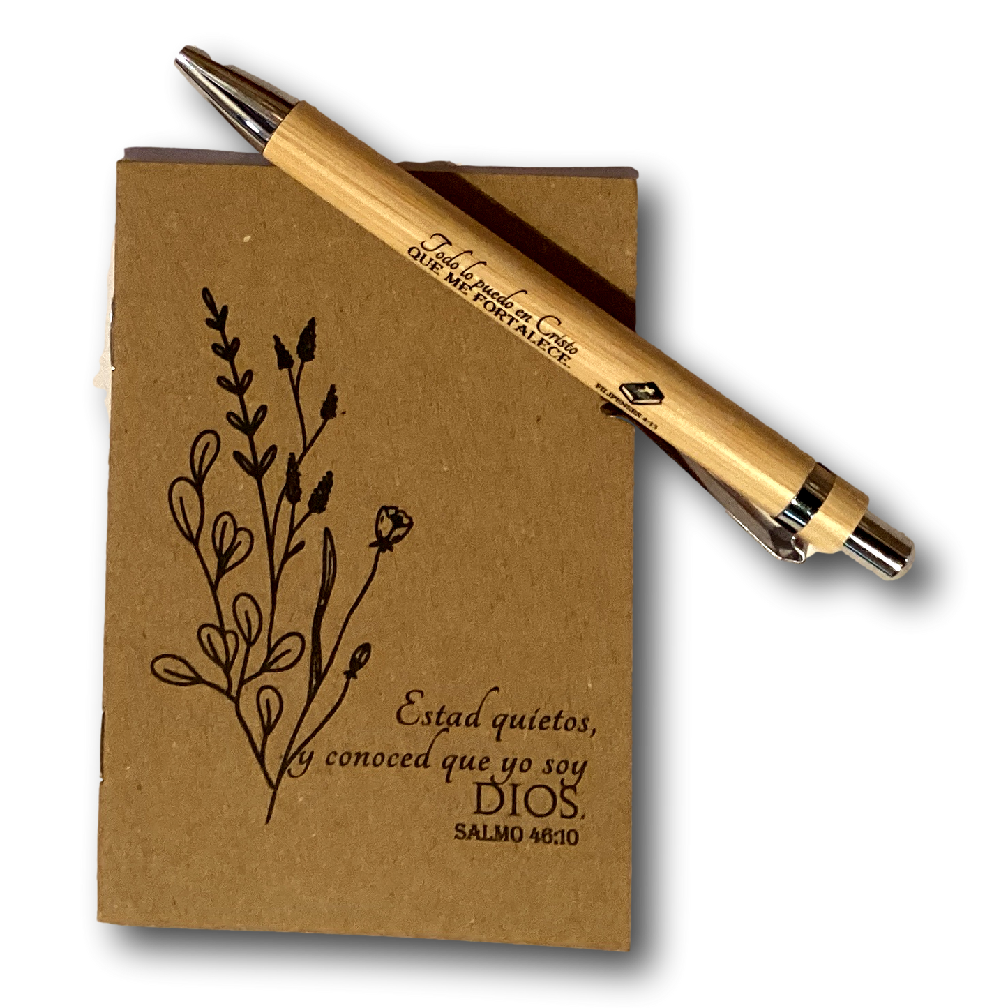 Spanish Bible verse pocket notebook with Christian-themed cover and matching pen, ideal for Catholic and Christian gift sets.