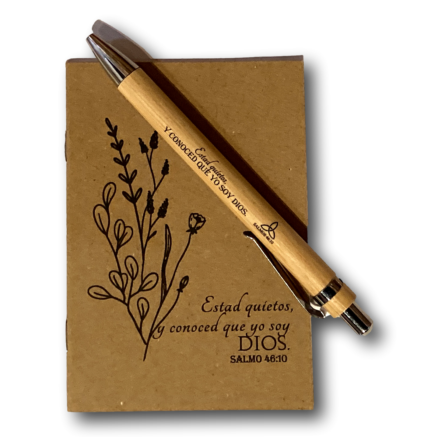 Spanish Bible verse pocket notebook with Catholic Christian theme and matching pen, ideal for spiritual reflection and gift-giving.