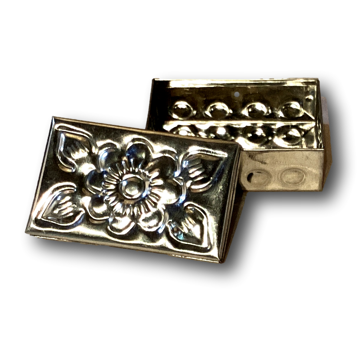 Embossed flower centerpiece gift box tin from Ysleta Mission Gift Shop, metal art for home and garden decor, 2x1.25 inches