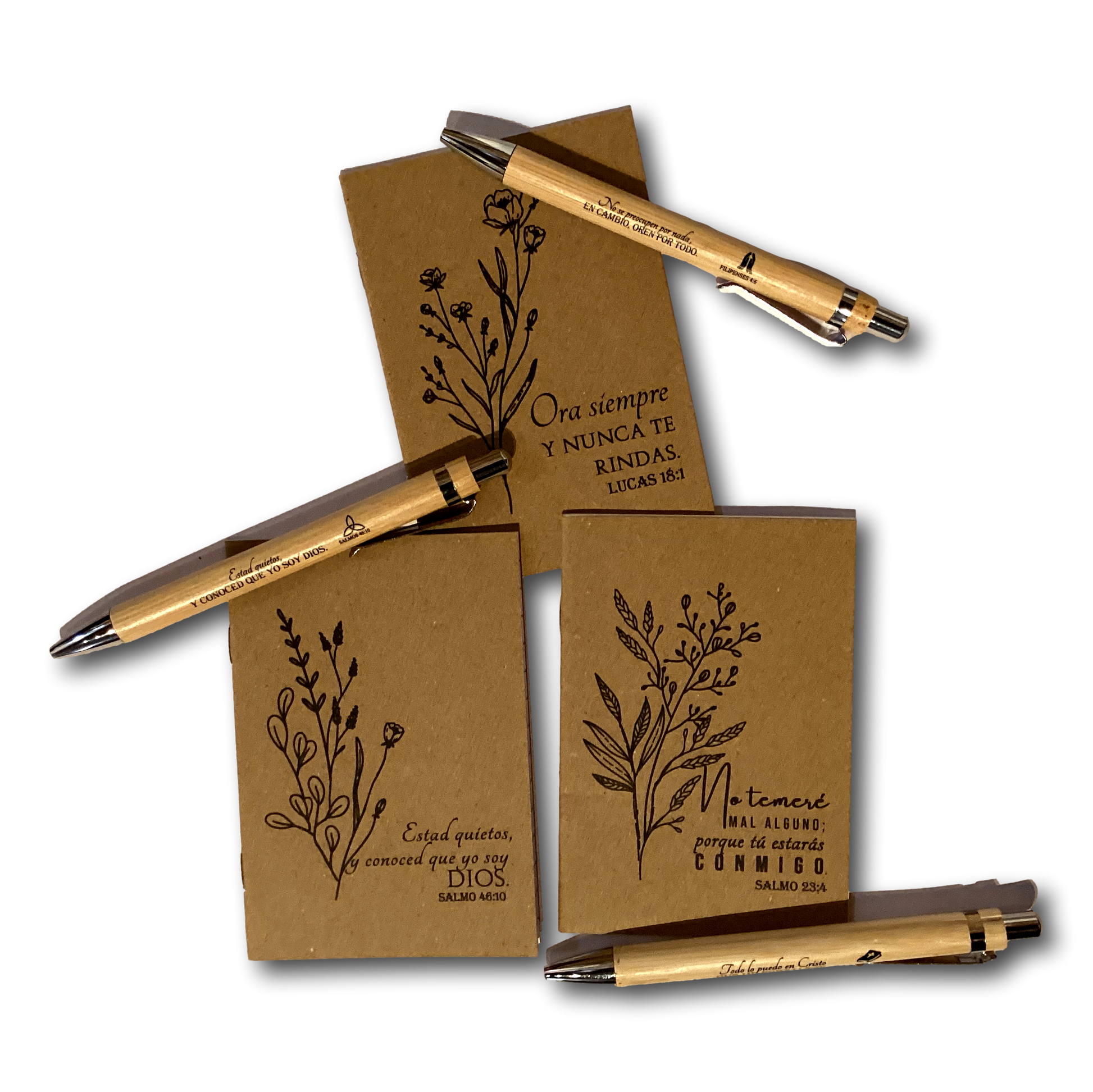Spanish Bible verse pocket notebook with Catholic Christian designs and matching pen, ideal for faith-based gift sets.