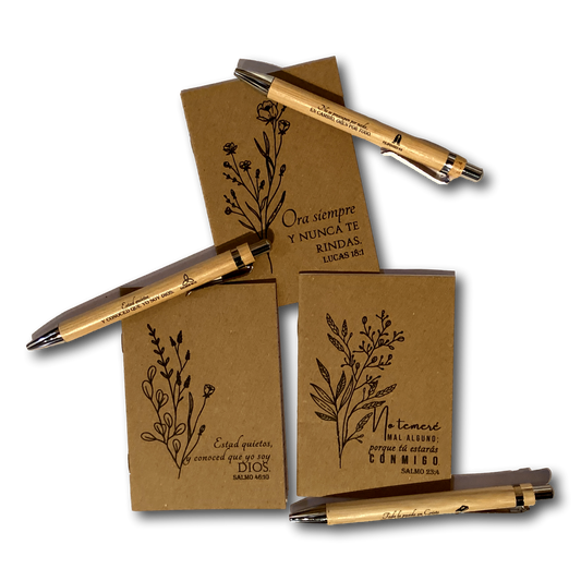 Spanish Bible verse pocket notebook with Catholic Christian designs and matching pen, ideal for faith-based gift sets.