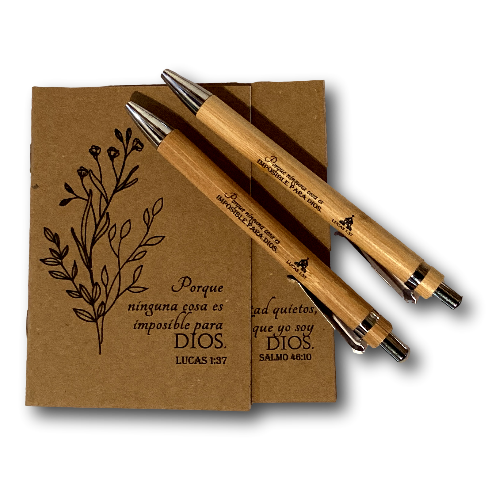 Spanish Bible verse pocket notebook with attached pen, ideal for Catholic and Christian gifts, featuring religious designs.