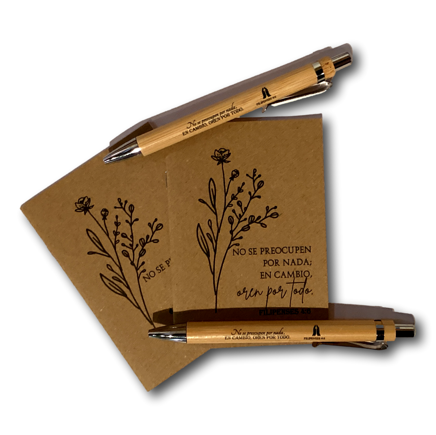 Spanish Bible verse pocket notebook with matching pen, Catholic Christian gift set, featuring religious imagery and inspirational design.