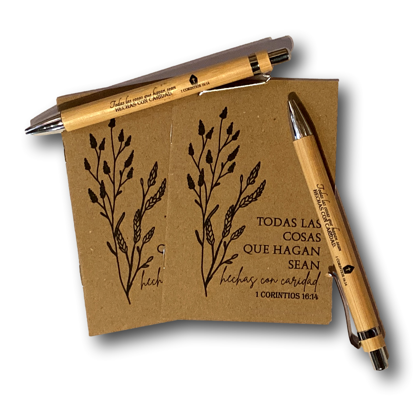 Spanish Bible verse pocket notebook with Catholic Christian theme and matching pen set, ideal for faith-based gift-giving.