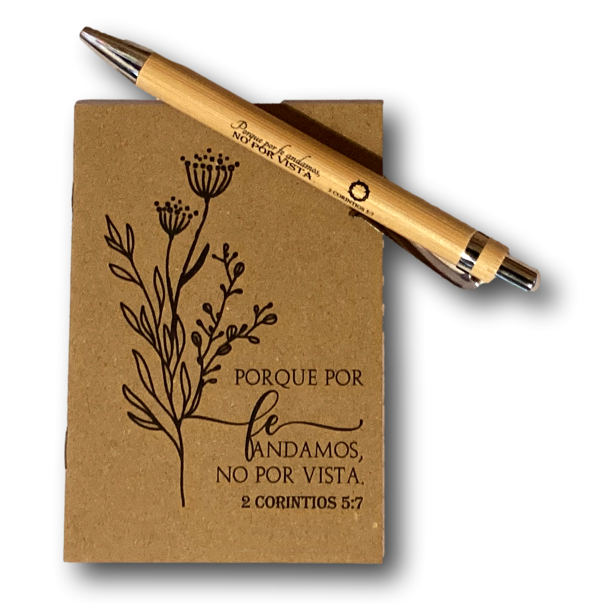 Spanish Bible verse pocket notebook with Catholic Christian gift set and pen, featuring religious design and compact size.
