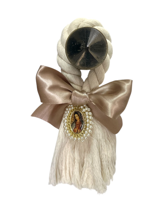 Beige satin bow with Our Lady of Guadalupe image, devotional Catholic ornament, 8.5-inch door blessing by Jose Alberto Chavez
