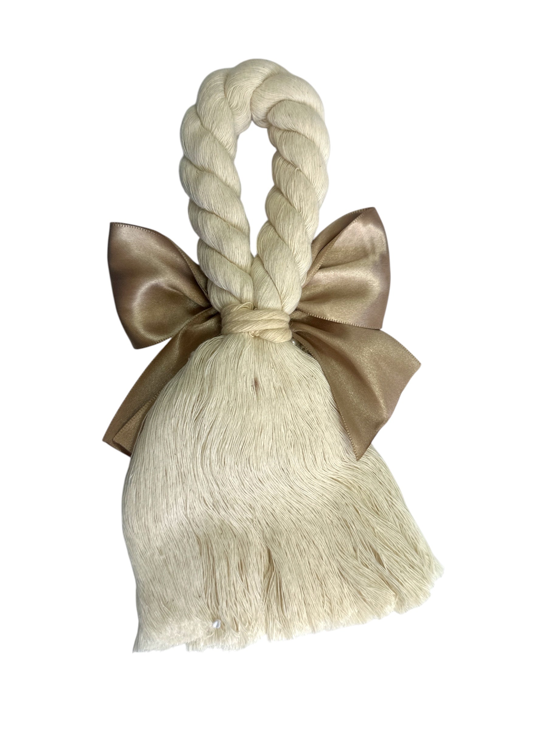 Beige satin bow with Our Lady of Guadalupe image, 8.5-inch Catholic devotional ornament by Jose Alberto Chavez.