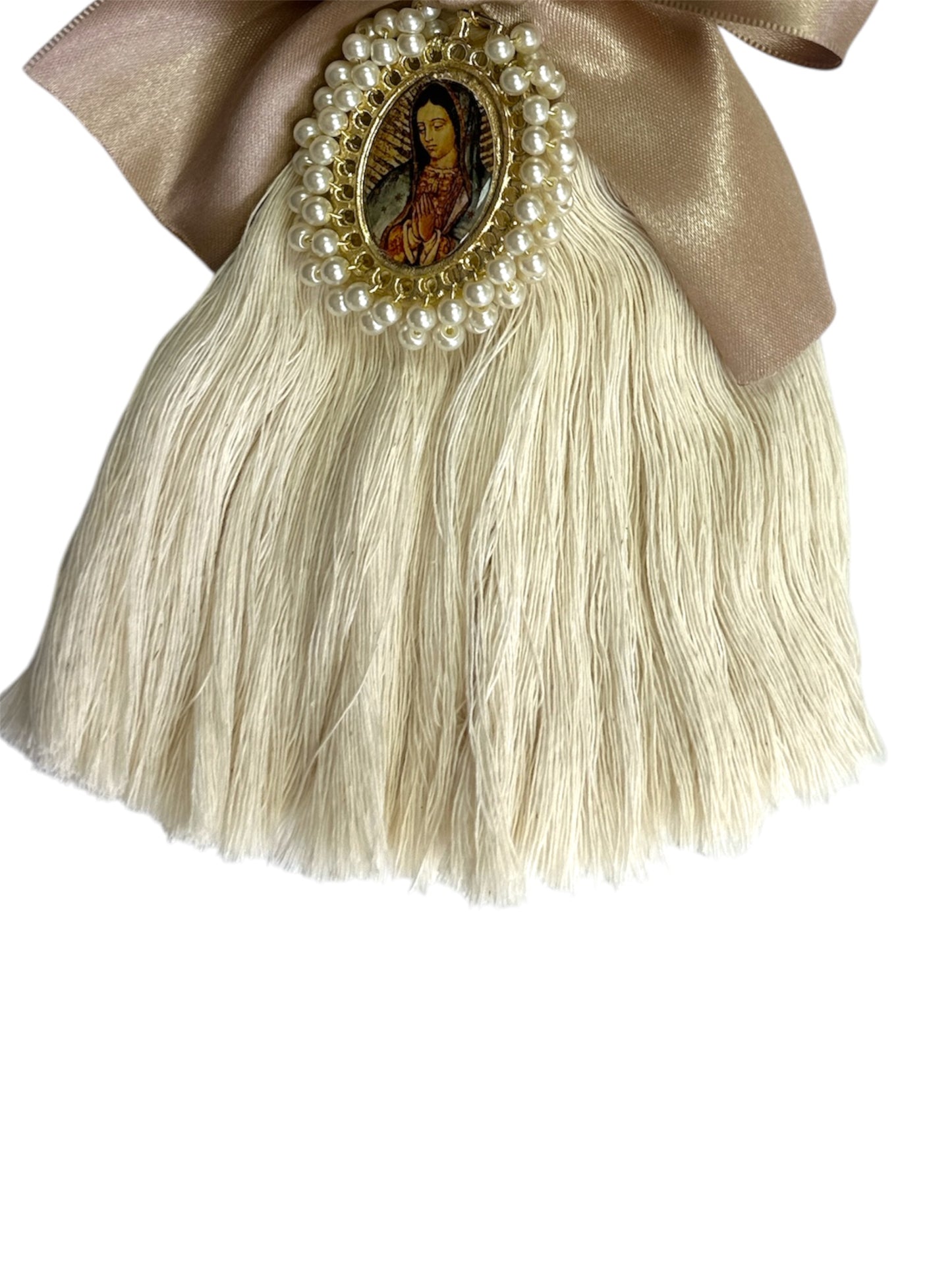 Beige satin bow with Our Lady of Guadalupe image, Catholic devotional ornament, 8.5-inch door blessing by Jose Alberto Chavez