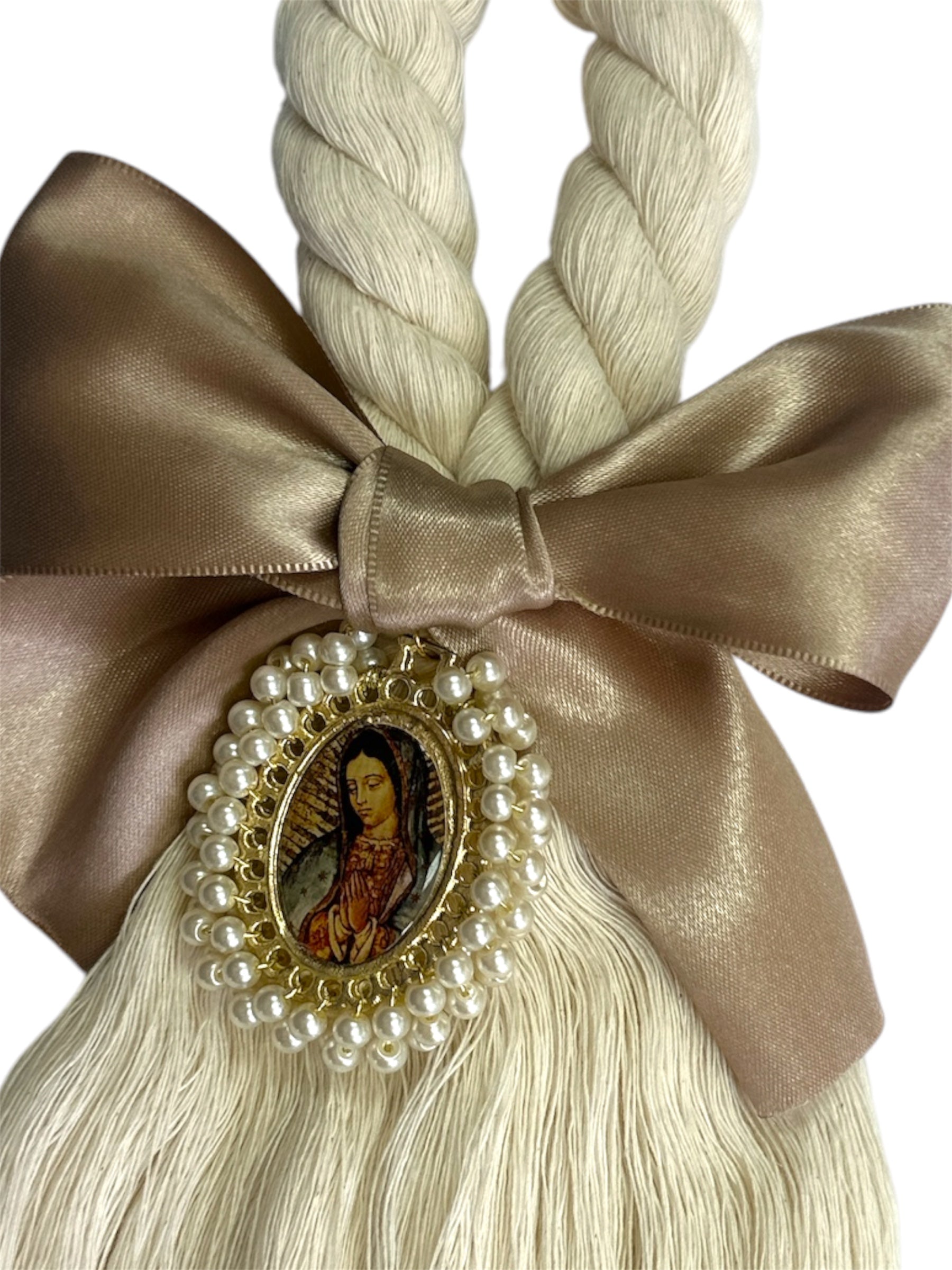 Beige satin bow with Our Lady of Guadalupe image, 8.5-inch Catholic devotional door blessing ornament by Jose Alberto Chavez