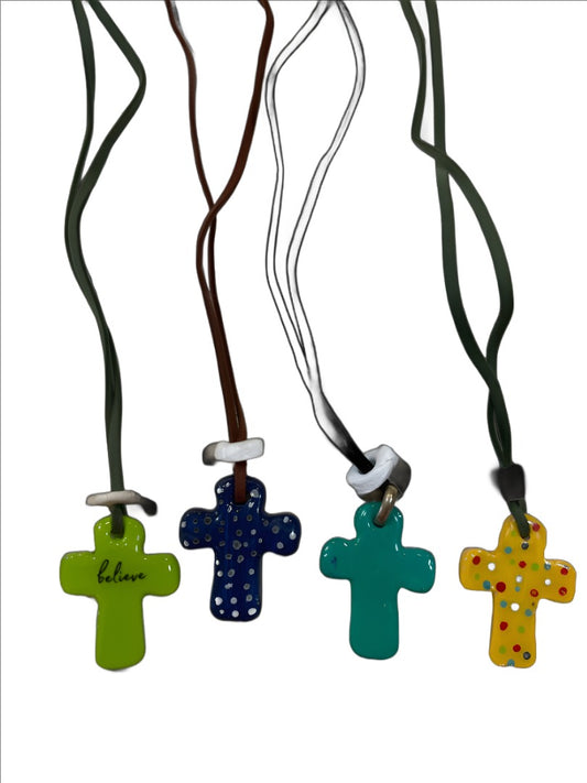 Necklace Yellow Green Blue Pink Orange Red Cross Clay Pendant Double-Sided 13 Inches