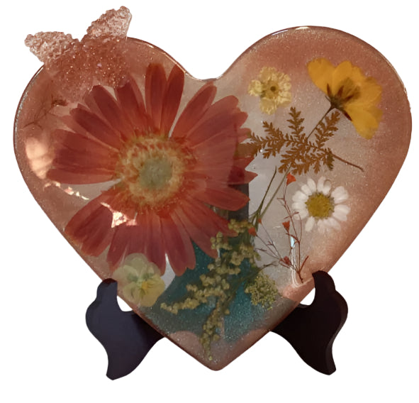 Bold Orange & Yellow Resin Heart with Butterfly Accent