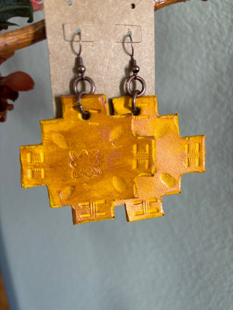 Yellow Leather Earrings with Southwest Stamps – Handmade Boho Jewelry