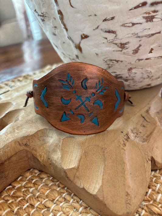 Copper Leather Bracelet with Turquoise Indian Design – Unique Handcrafted Jewelry 6"