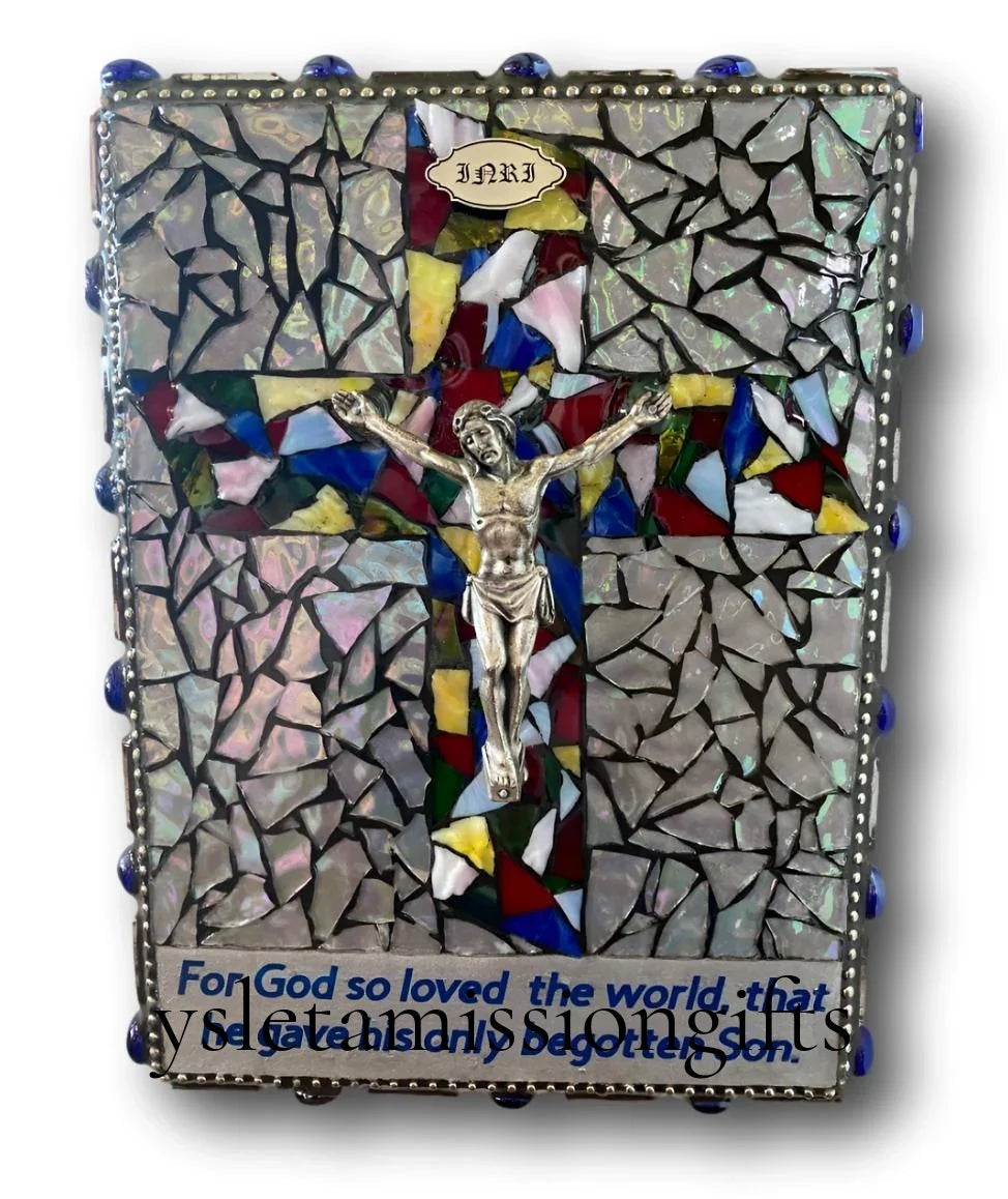 Iridized glass crucifix wall art featuring Jesus cross, handcrafted Christian devotional plaque, 12x9 inches from Brigitte Rosson.