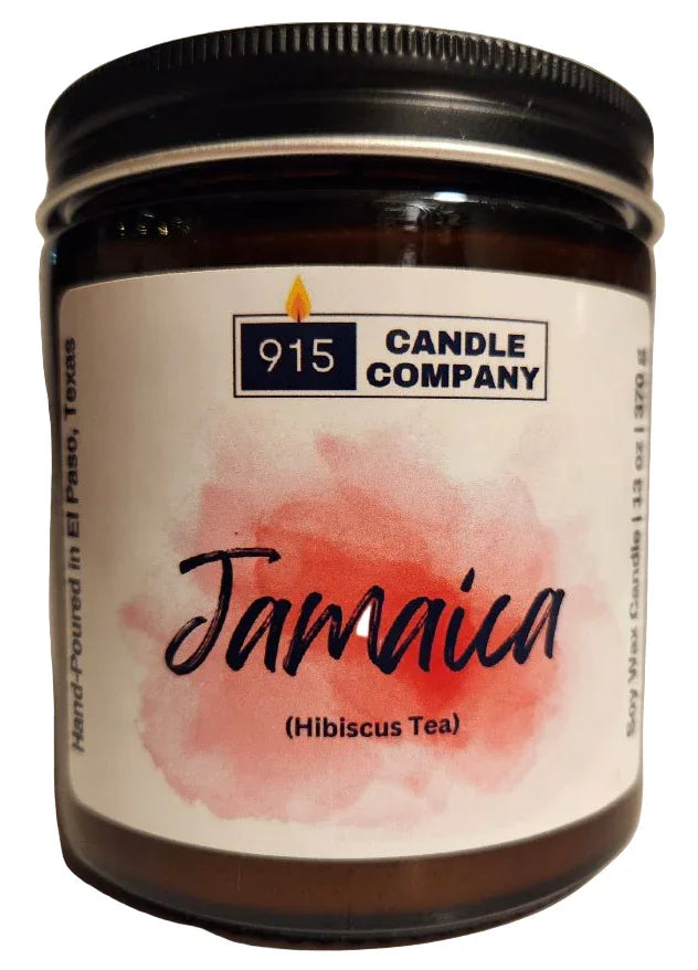 Jamaica scented soy candle in glass container, hand-poured by Karin Melson, part of El Paso ornaments and decor collection.