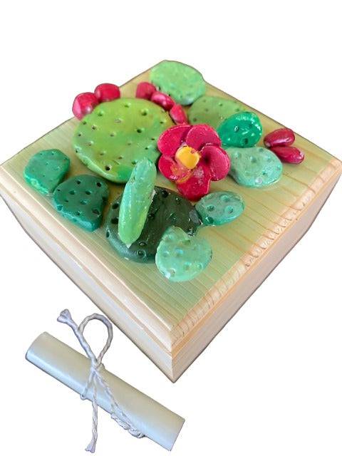 Keepsake Wooden Box with Handpainted Prickly Pear Cactus & Magnetic Closure - Customizable Scroll Inside