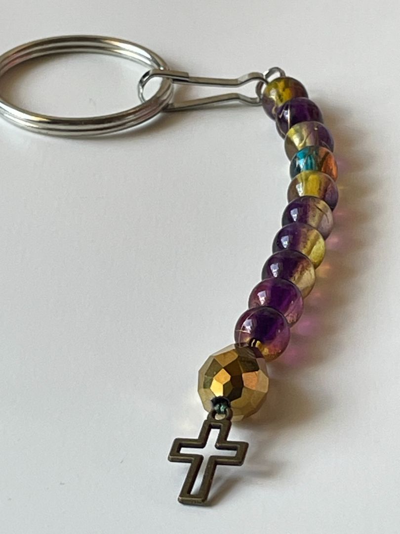 Purple & Gold Rosary Cord Keychain with Bronze Cross - 4-Inch Cord Design