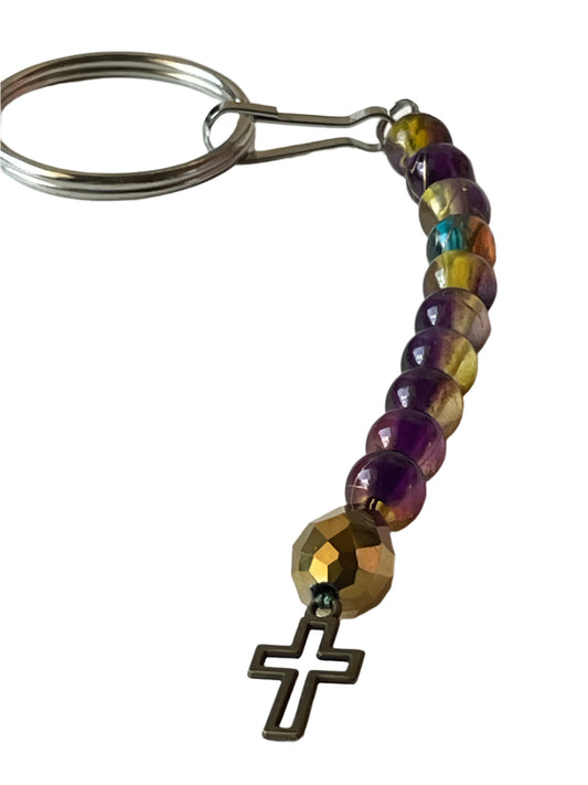 Purple & Gold Rosary Cord Keychain with Bronze Cross - 4-Inch Cord Design