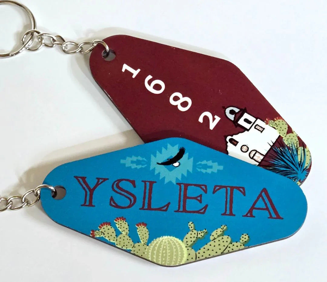 El Paso Motel Style Ysleta Mission keychain by Vanessa Clark, two-sided sublimated souvenir with colorful Ysleta Mission design.