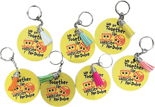 Keychain Round We Go Together "We Go Together Like Cafecito and Pan Dulce" Double-Sided Sublimated Colored Tassel 2.5"