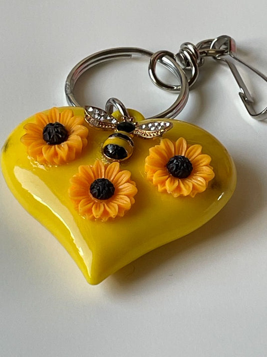 Yellow Heart Resin Keychain with Sunflower & Bumble Bee - 2.5x2-Inch Design