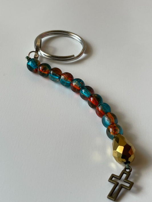 Turquoise & Amber Bead Keychain with Bronze Cross - 4-Inch Rosary Cord