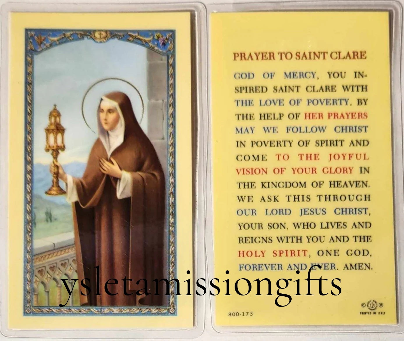 Laminated Prayer Card for Clarity – Saint Clare Devotional Keepsake | Catholic Gift from El Paso - Ysleta Mission Gift Shop