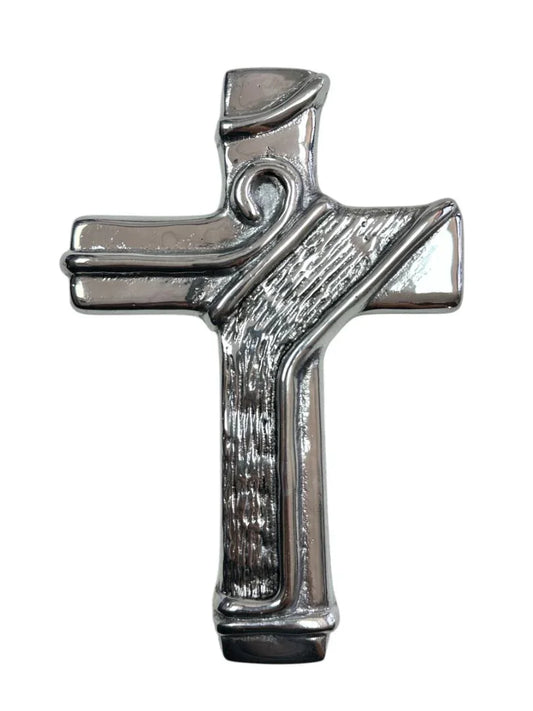 Large handmade pewter cross with silver finish, Catholic Christian wall decor by Jose Alberto Chavez featuring intricate religious design.