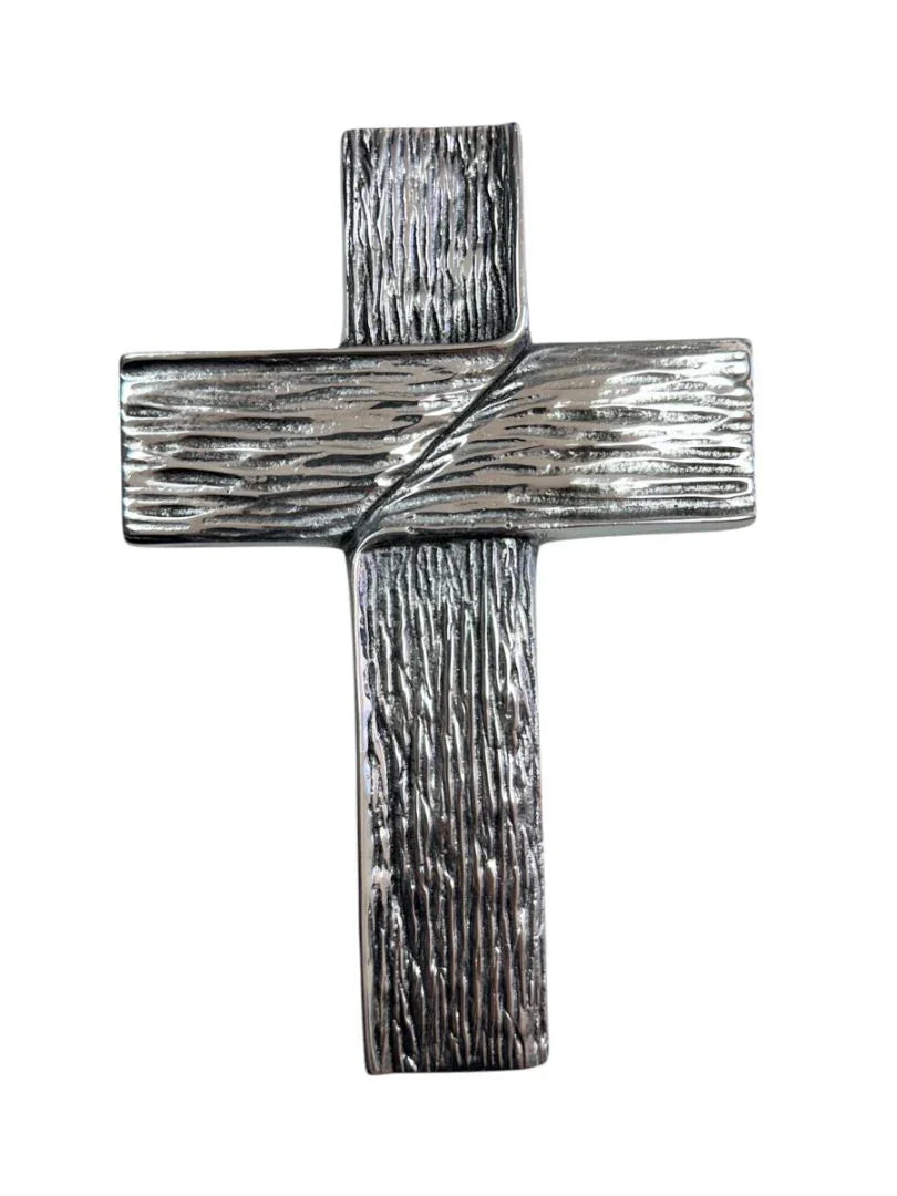 Large handmade pewter cross with silver finish, Catholic wall decor, crafted by Jose Alberto Chavez for Christian religious decor.