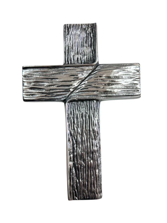 Large handmade pewter cross with silver finish, Catholic wall decor, crafted by Jose Alberto Chavez for Christian religious decor.