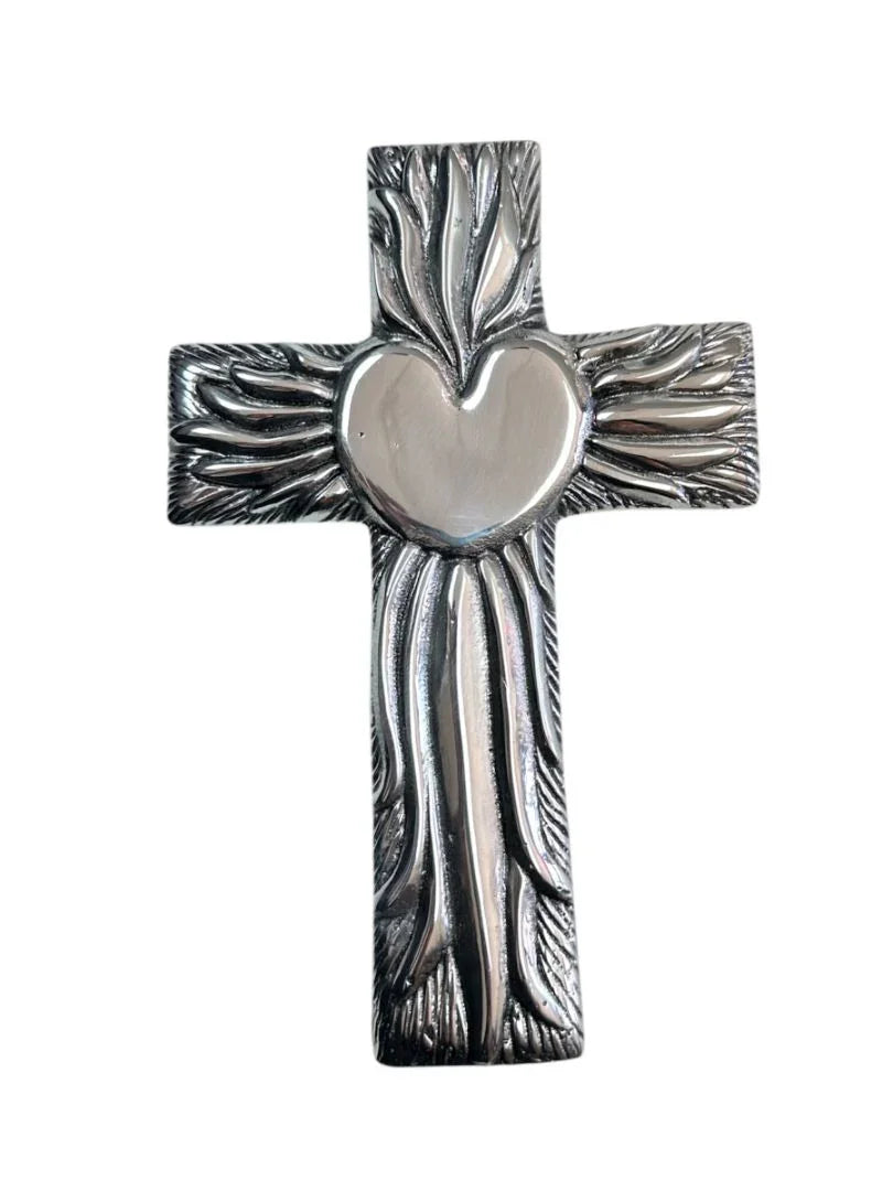 Large handmade pewter cross with silver finish, Catholic wall decor, crafted by Jose Alberto Chavez for Christian religious decoration.