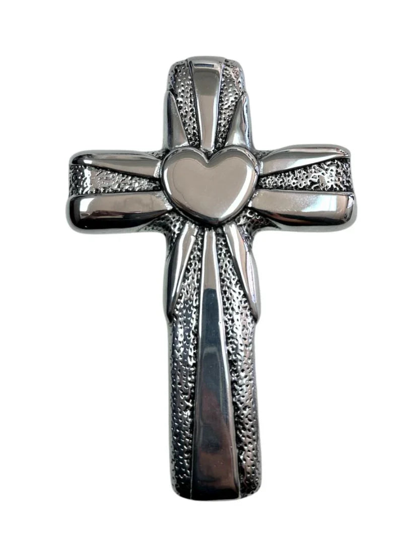Large handmade pewter cross with silver finish, Catholic wall decor by Jose Alberto Chavez, striking Christian religious gift.