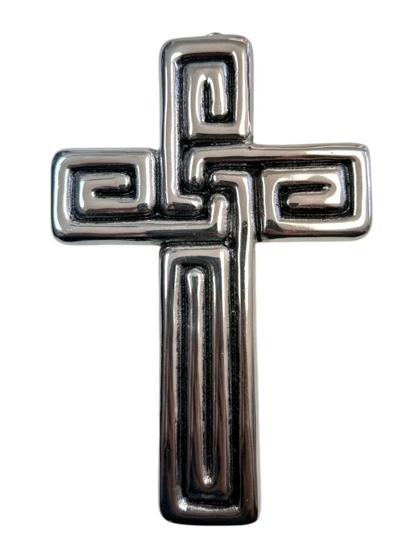 Large handmade pewter Catholic cross with silver finish, striking Christian wall decor by Jose Alberto Chavez.