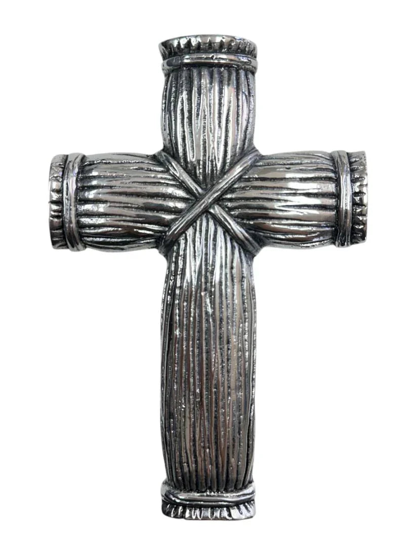 Large handmade pewter cross with silver finish, Catholic Christian wall decor by Jose Alberto Chavez, detailed religious wall art.