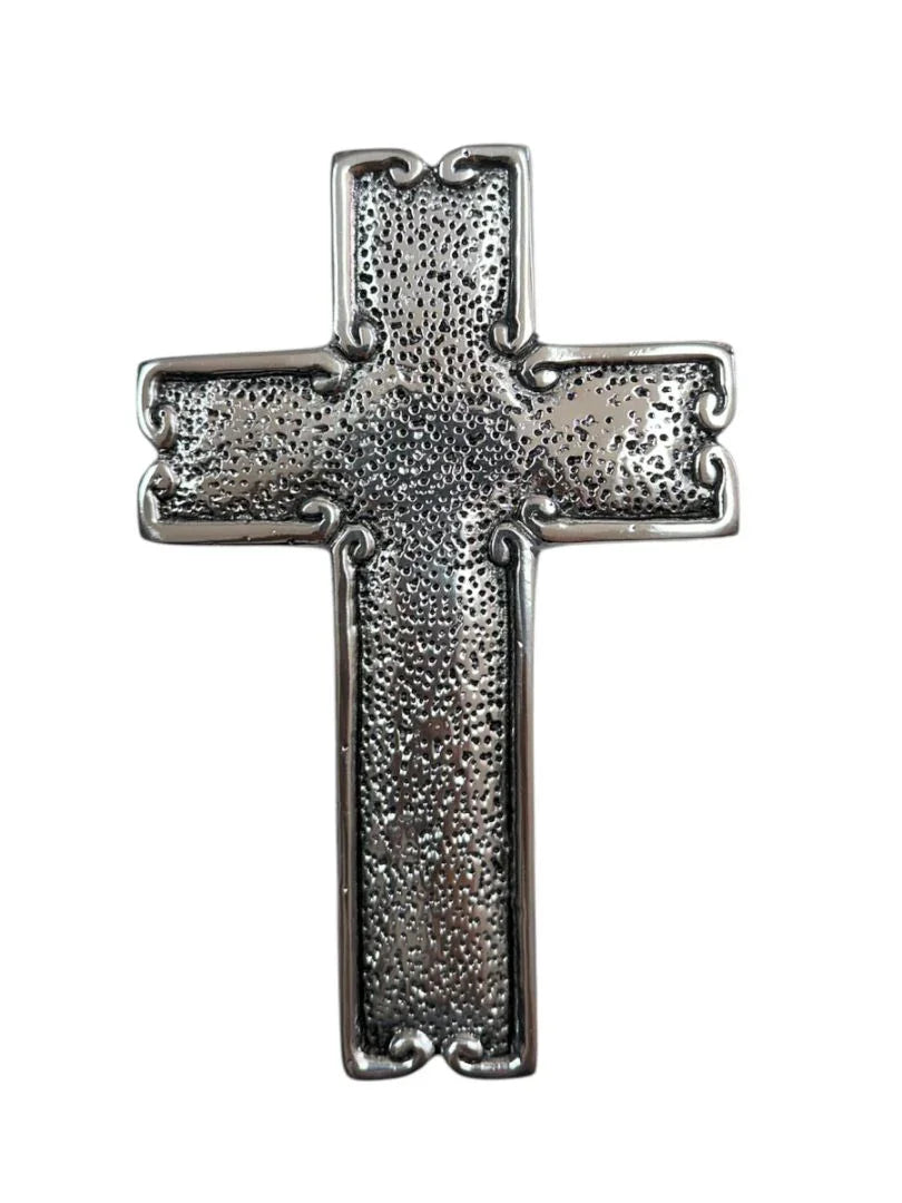Large handmade pewter cross with silver finish, Catholic Christian wall decor by Jose Alberto Chavez, striking religious gift.