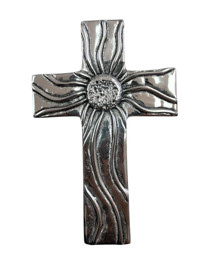 Large handmade pewter cross with silver finish, Catholic religious wall decor by Jose Alberto Chavez, featuring detailed craftsmanship.