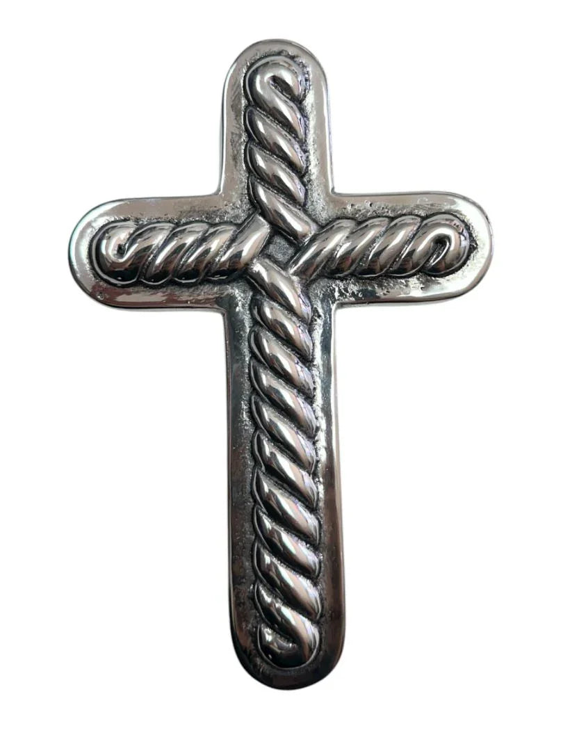 Large handmade pewter cross with silver finish, Catholic religious wall decor by Jose Alberto Chavez, featuring detailed craftsmanship.