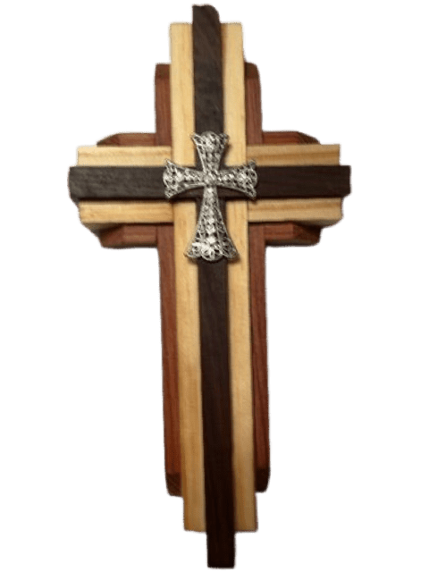 Large Walnut, Redwood, Cedar Cross with Silver Clear Rhinestone - 12.5x6.5