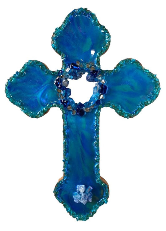 Cross Resin Blues Cutout Center Inlaid Gems Stone Crystal Middle Layered Wood Backing 16x11